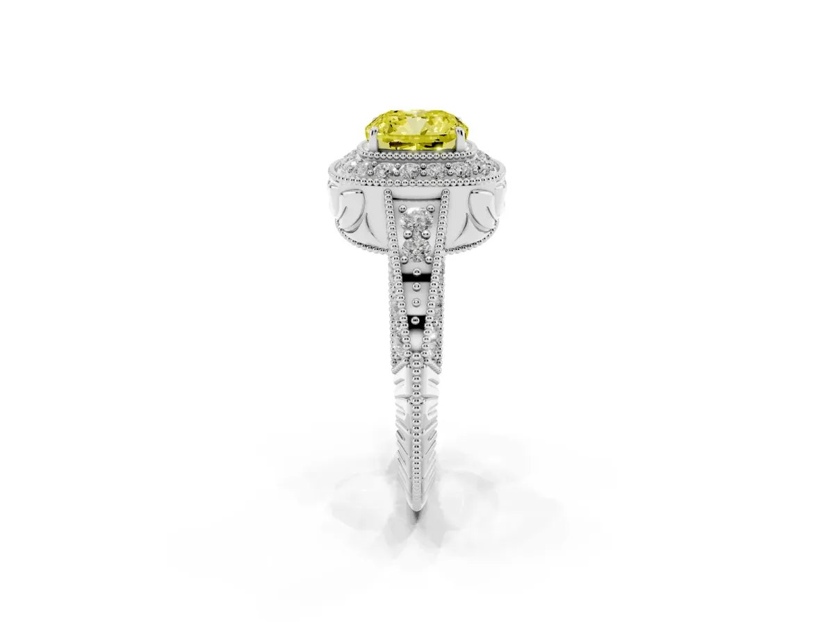 Fancy Yellow Cushion Cut Halo Diamond Split Shank Ring with Milgrain Detail Platinum
