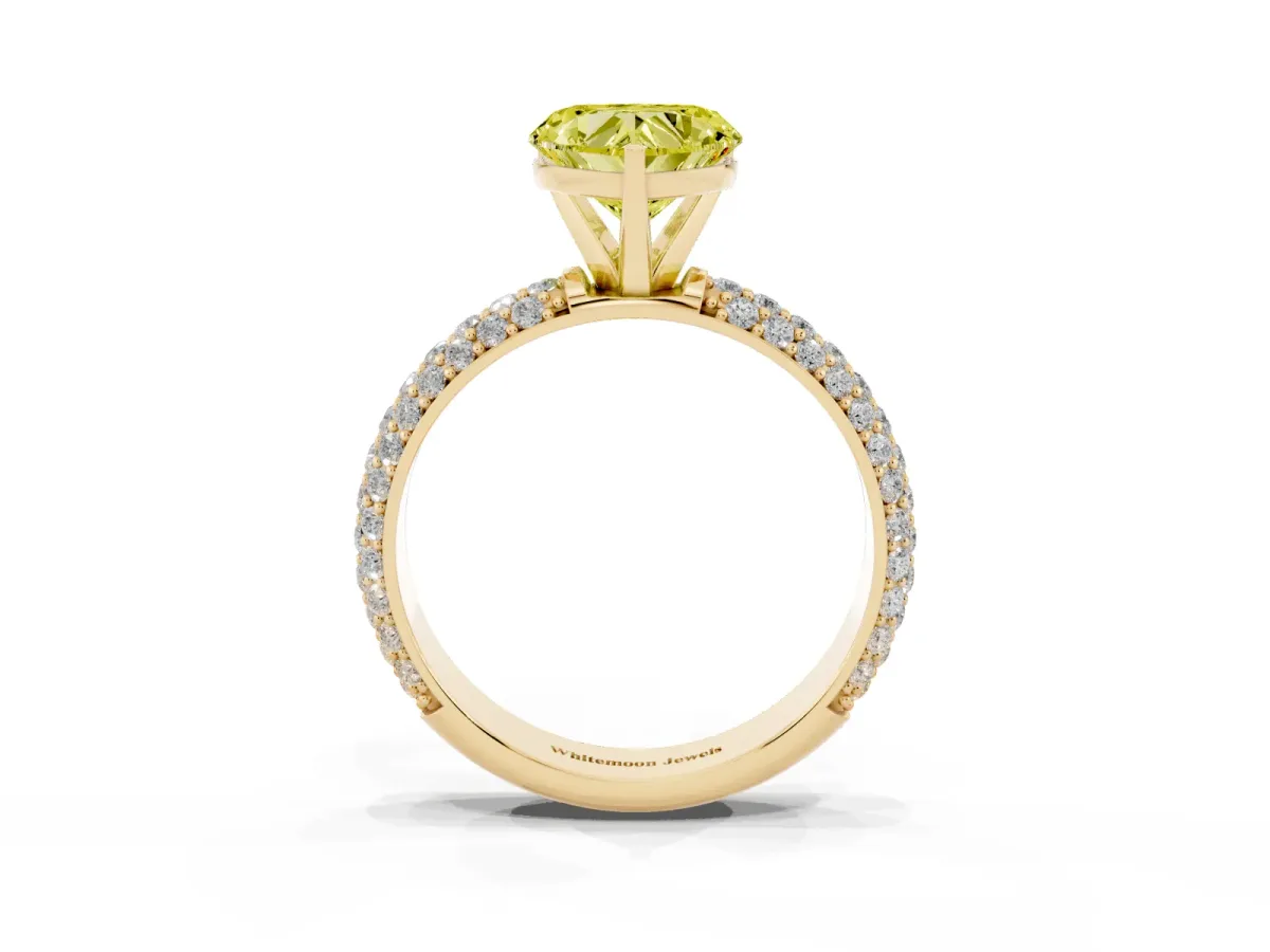 Fancy Yellow Heart Cut Diamond Solitaire Ring with Prong Setting and Pavé Band Yellow gold