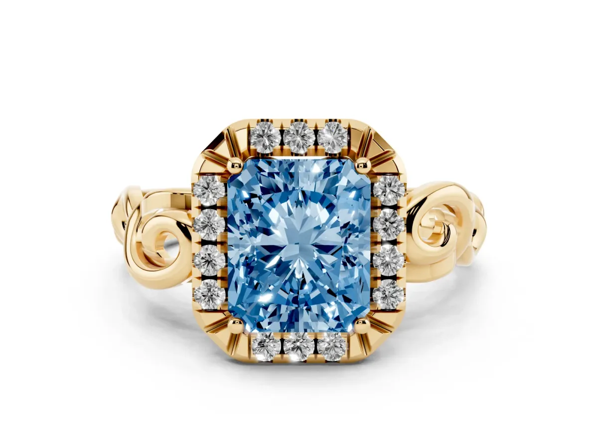 Fancy Blue Radiant Cut Cut Halo Diamond Ring with Scrollwork Band and Four-Prong Setting Yellow gold