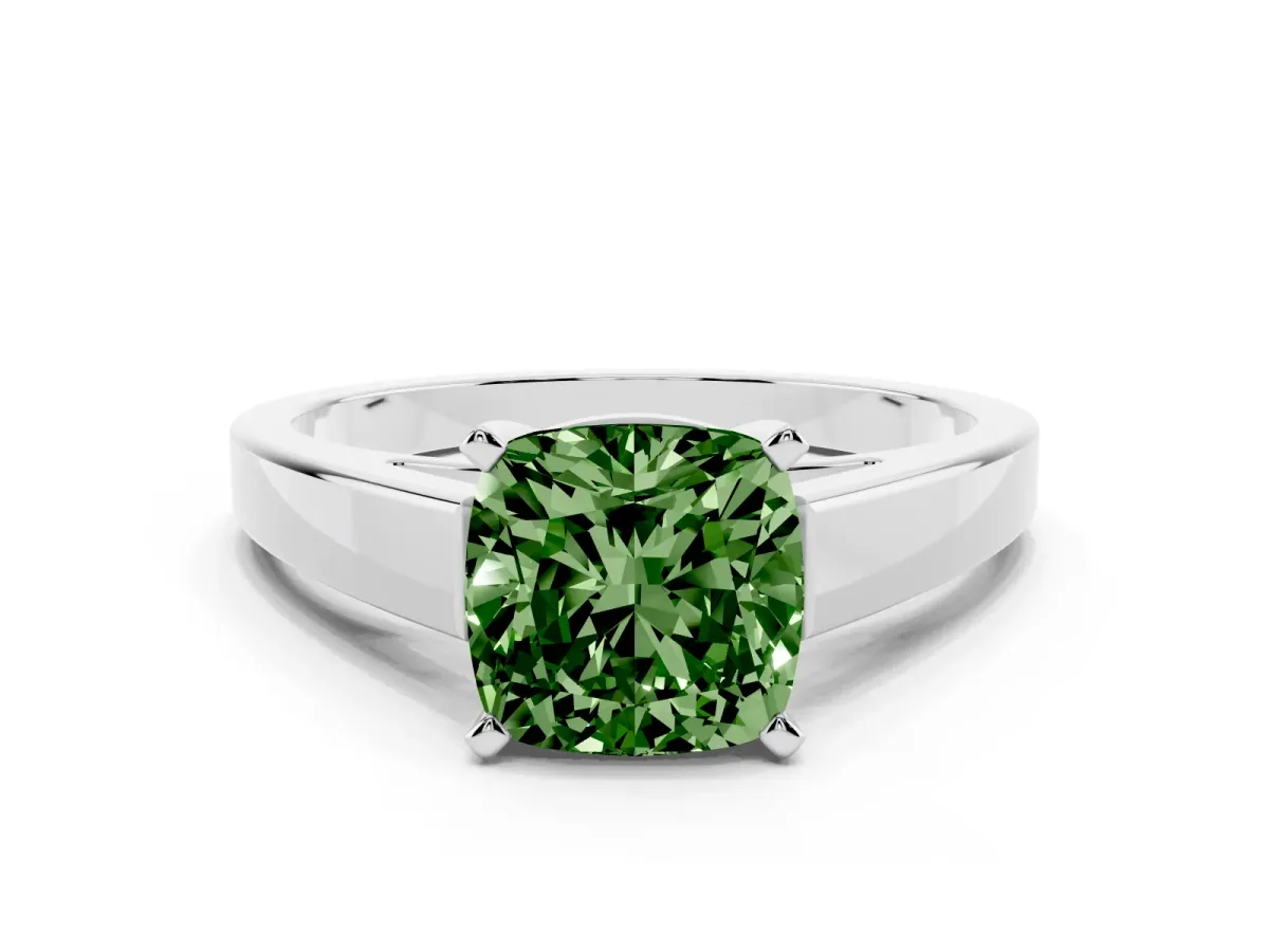 Fancy Green Cushion Cut Solitaire Engagement Ring with Four-Prong Setting and Tapered Band Silver