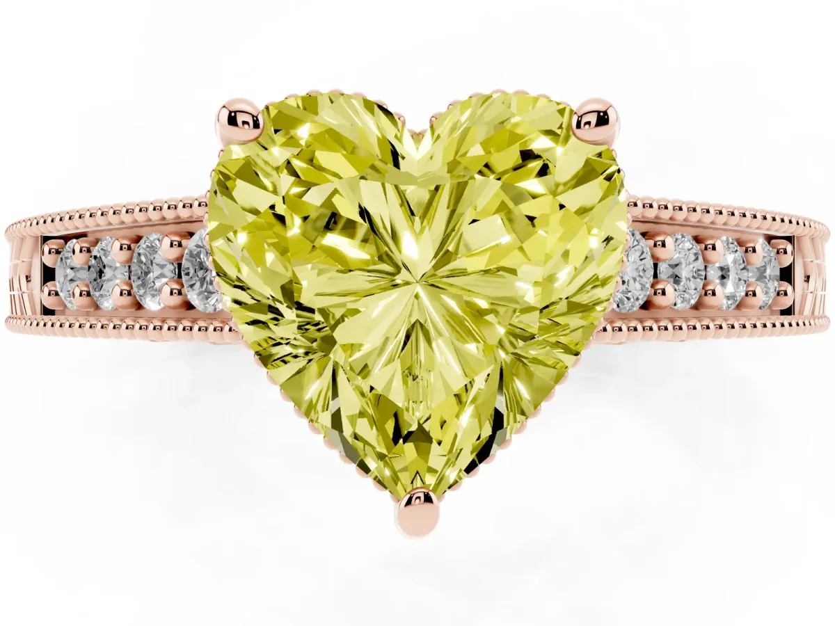 Fancy Yellow Heart Cut Solitaire Pavé Diamond Milgrain Engagement Ring with Four-Prong Setting Rose gold