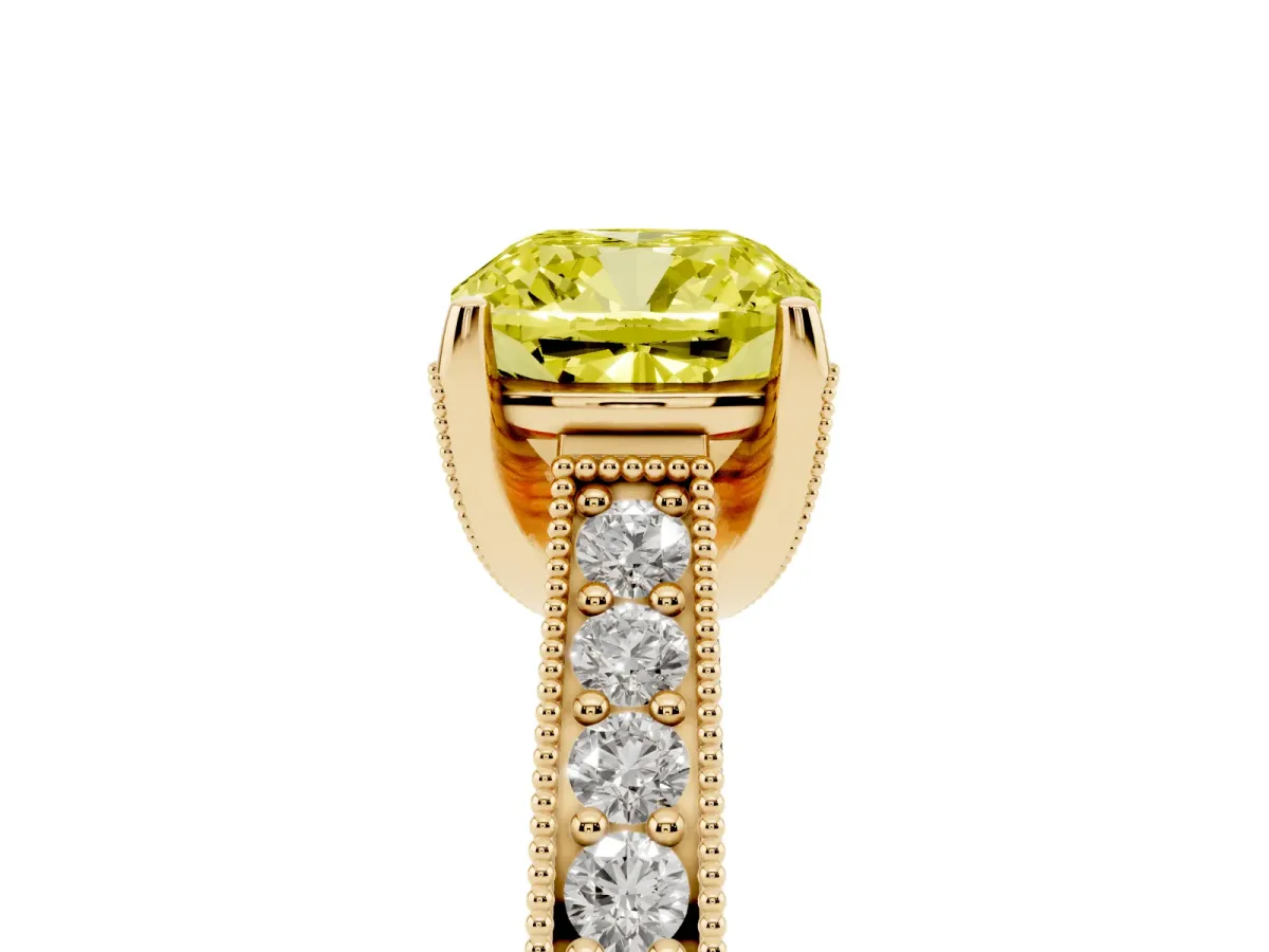 Fancy Yellow Cushion Cut Cut Diamond Solitaire Ring with Milgrain Pave Band and Four Prong Setting Yellow gold