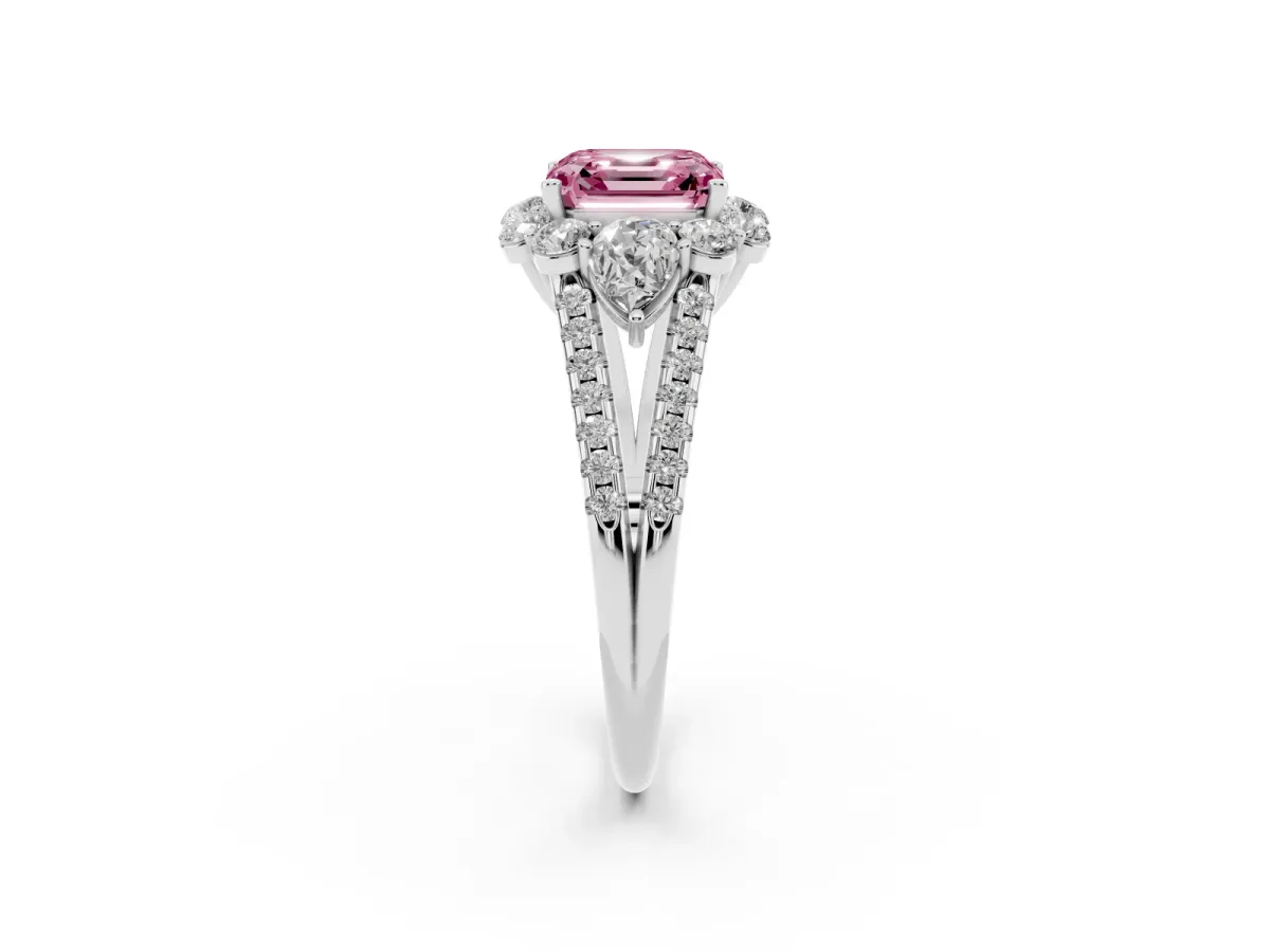 Fancy Pink Asscher Cut Halo Split Shank Diamond Engagement Ring with Prong Setting Silver