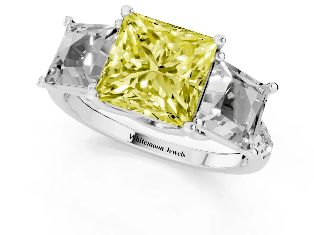 Fancy Yellow Three-Stone Princess Cut Diamond Ring with Round Pavé Band and Prong Setting Silver