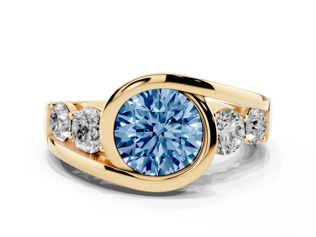 Fancy Blue Bezel Set Round Cut Diamond Bypass Ring with Round Accents Yellow gold