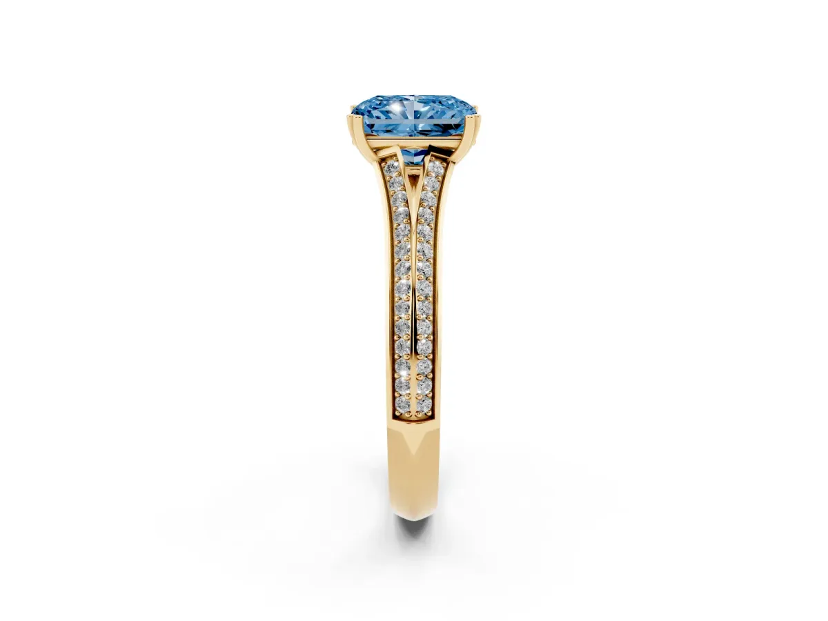 Fancy Blue Radiant Cut Diamond Split Shank Engagement Ring with Pavé Band Yellow gold