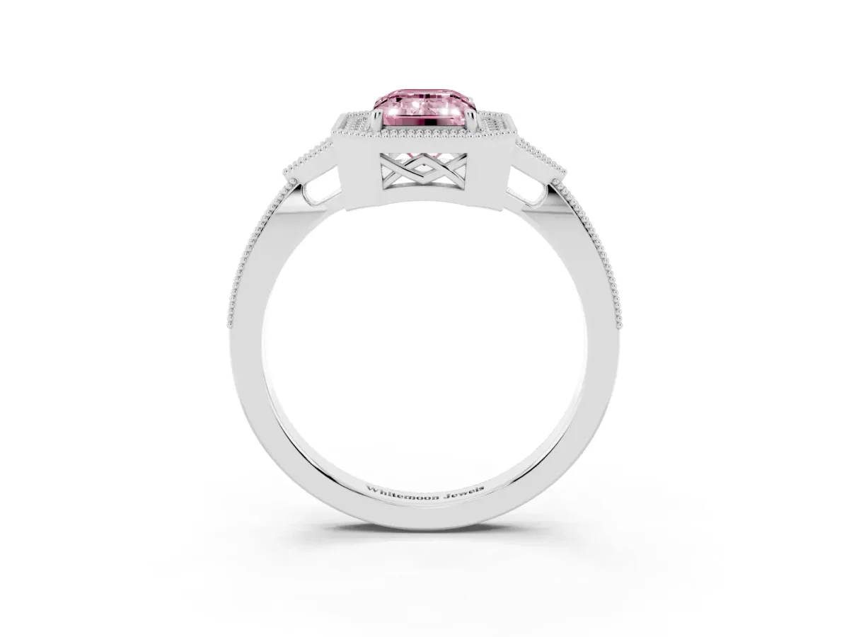 Fancy Pink Emerald Cut Halo Round Diamond Milgrain Pave Engagement Ring Silver