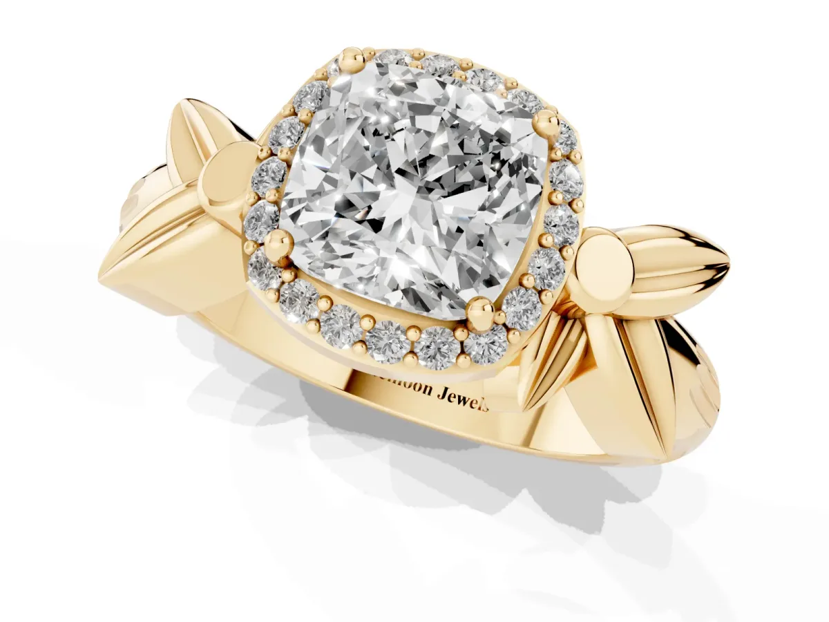 Cushion Cut Halo Diamond Floral Band with Four-Prong Setting Yellow gold