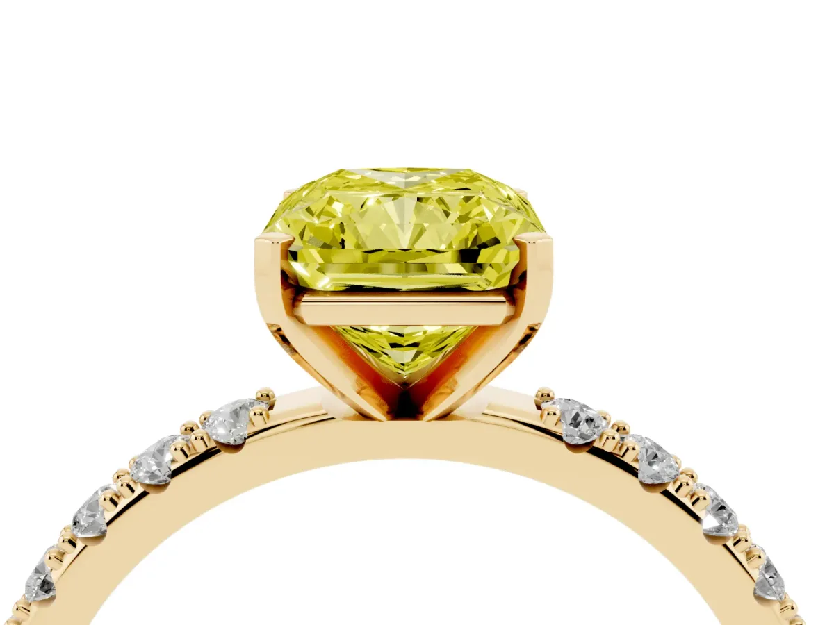 Fancy Yellow Radiant Cut Diamond Solitaire Pavé Band with Four-Prong Setting Yellow gold