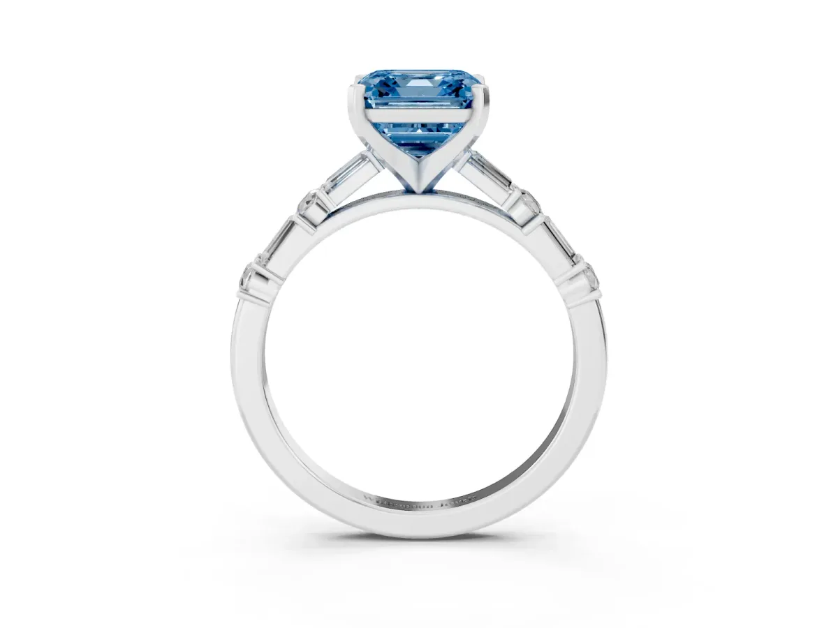 Fancy Blue Asscher Cut Diamond Solitaire with Side Baguettes and Channel Set Band Silver