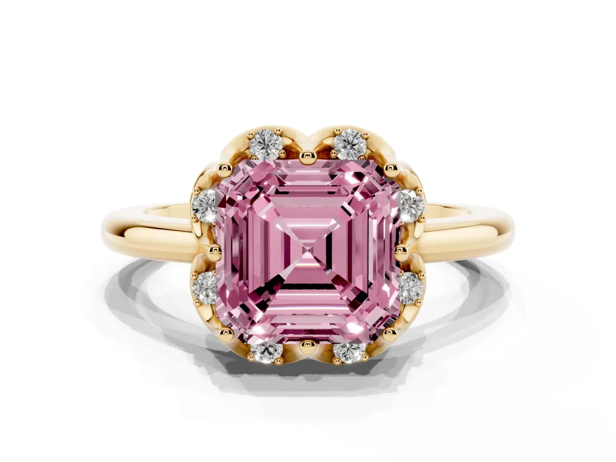 Fancy Pink Asscher Cut Halo Diamond Ring with Round Cluster Setting, Solitaire Band, and Four-Prong Setting Yellow gold