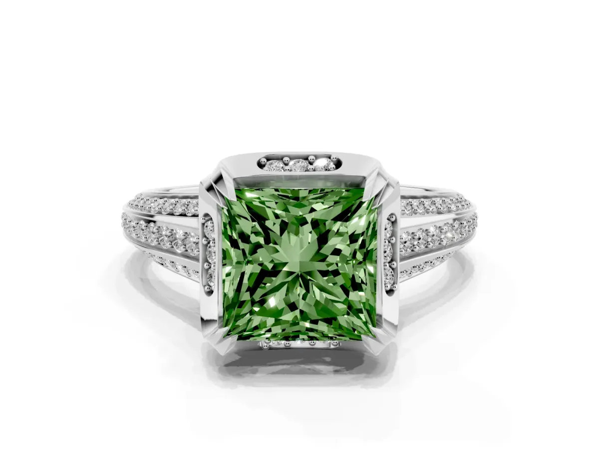 Fancy Green Princess Cut Solitaire Pave Split Shank Ring with Four-Prong Setting Silver