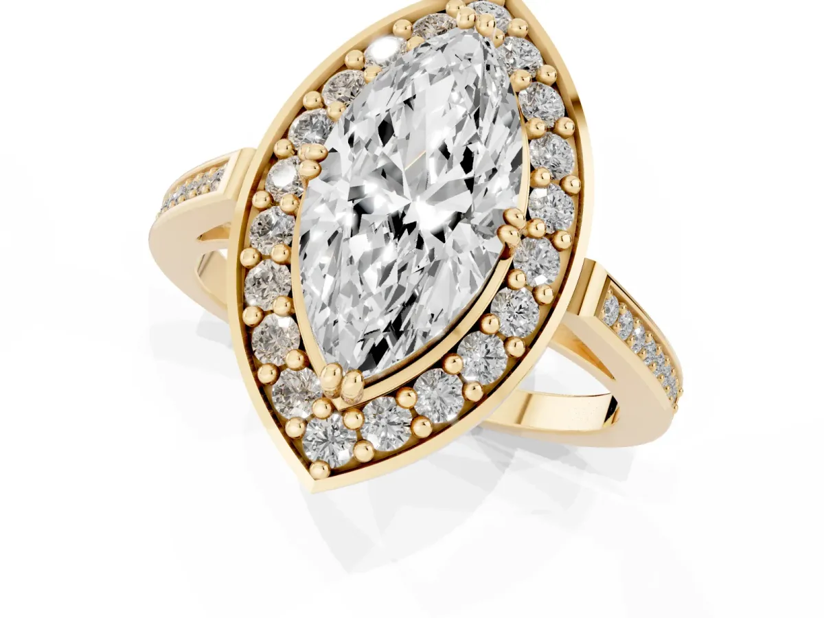 Marquise Cut Diamond Halo Ring with Split Shank and Four-Prong Setting Yellow gold