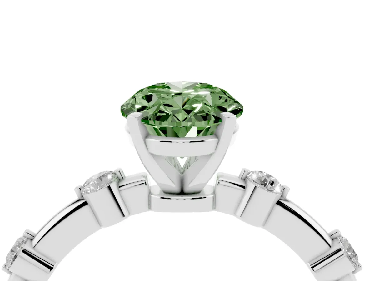 Fancy Green Oval Cut Solitaire Diamond Ring with Bezel Set Side Stones and Prong Setting Silver