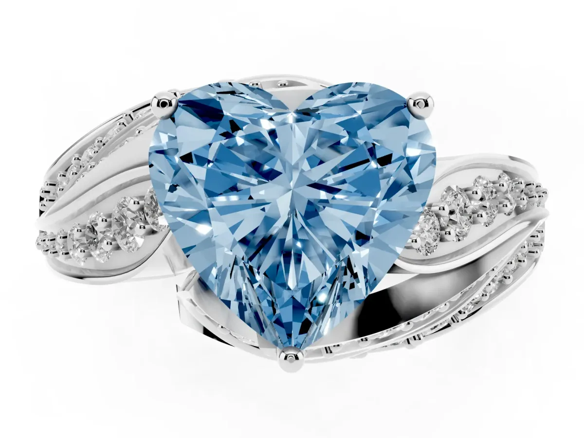 Fancy Blue Heart Cut Diamond Solitaire Ring with Prong Setting and Twisted Pavé Band Silver