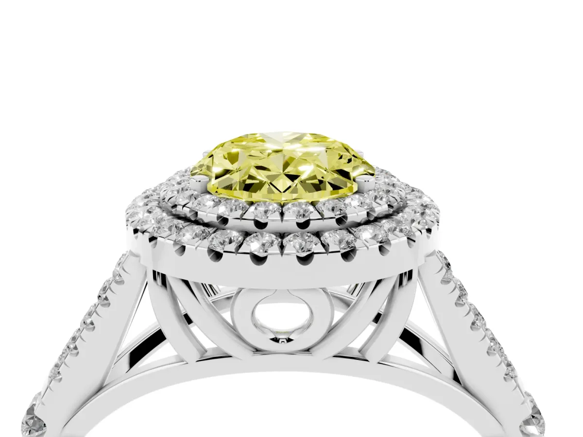 Fancy Yellow Double Halo Oval Cut Diamond Split Shank Engagement Ring with Four-Prong Setting Silver