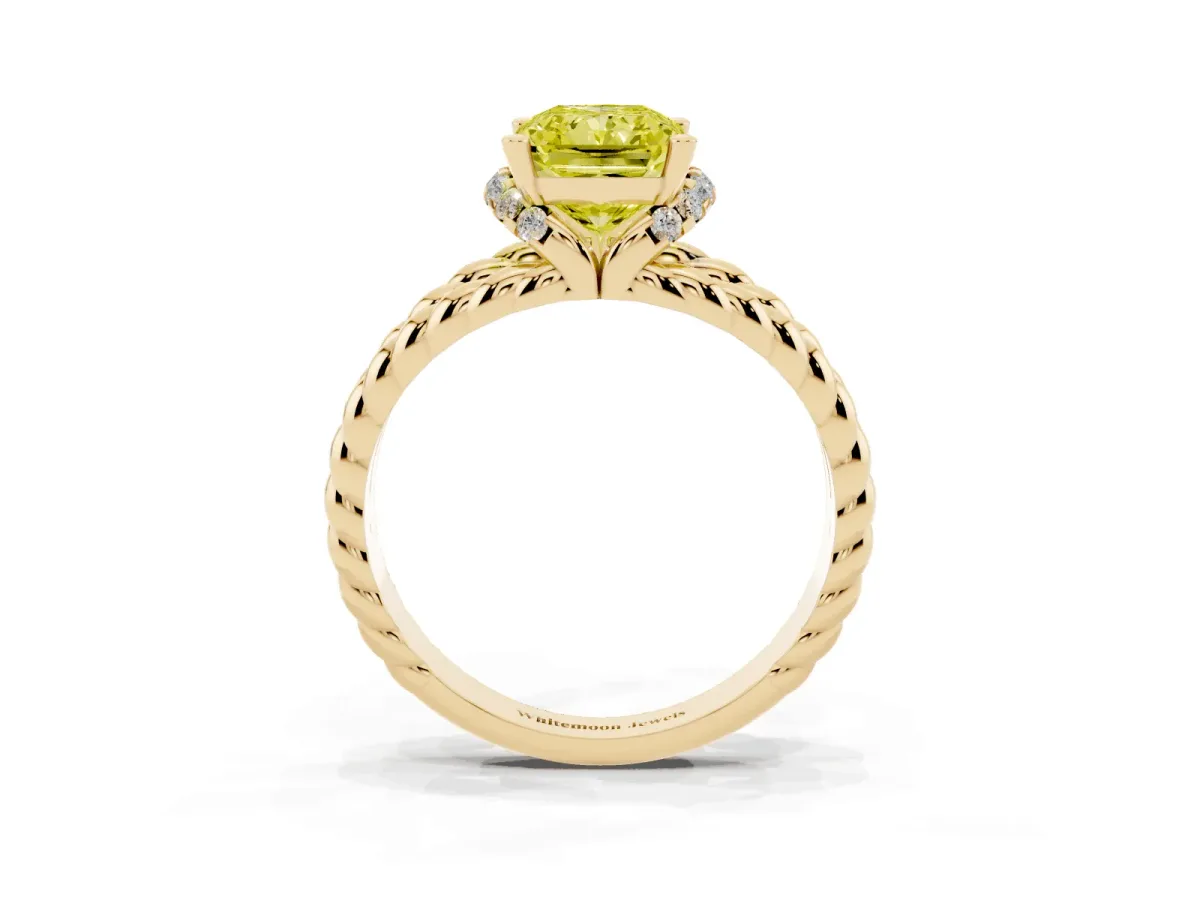 Fancy Yellow Radiant Cut Halo Twisted Band Four-Prong Ring Yellow gold