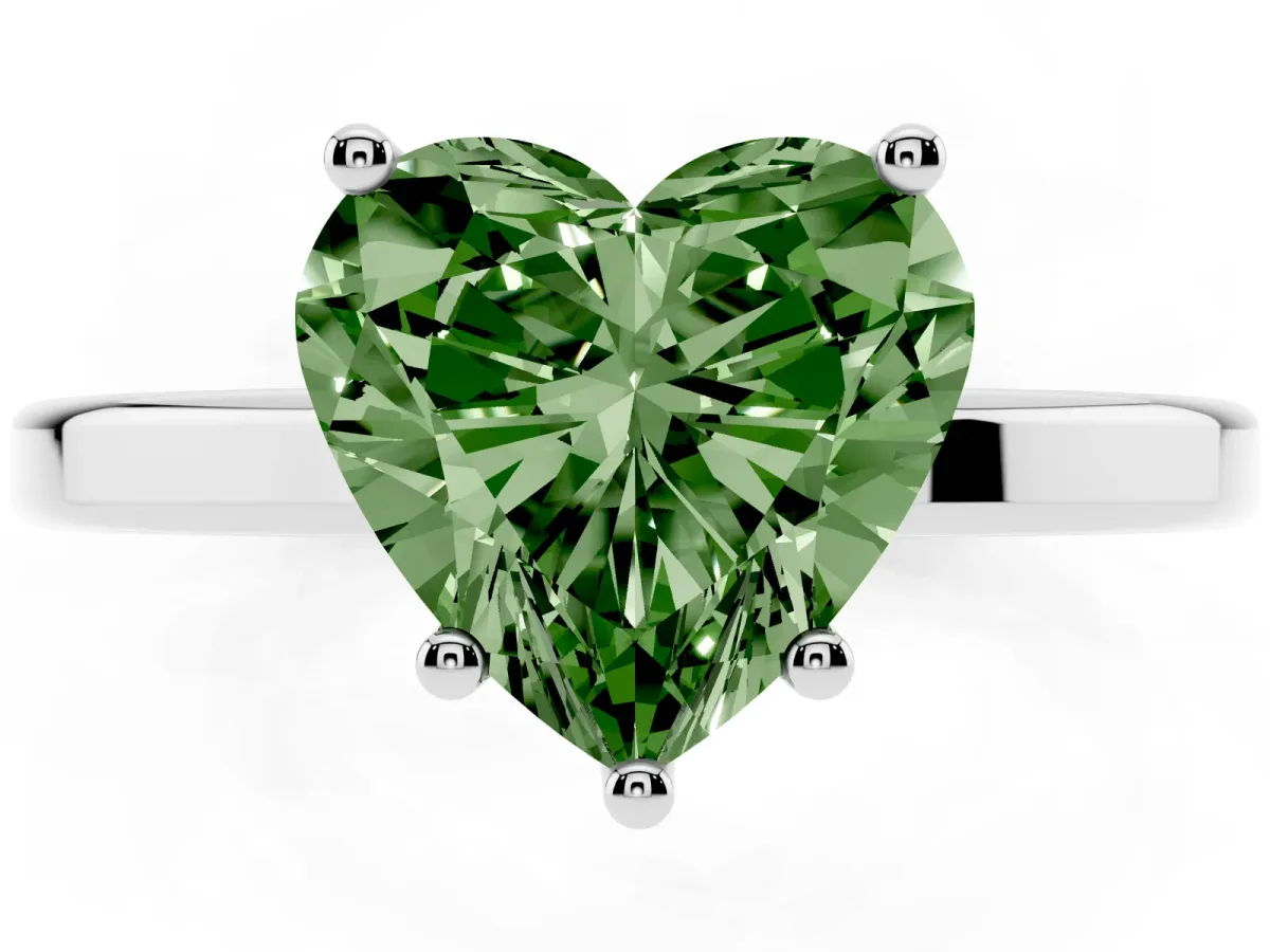 Fancy Green Heart Cut Cut Solitaire Engagement Ring with Four-Prong Setting on a Classic Band Silver