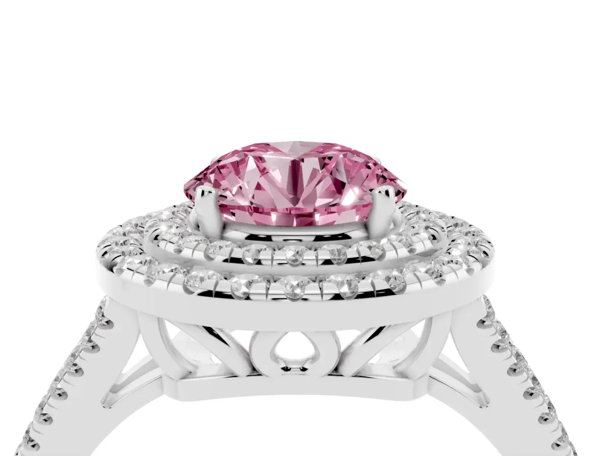 Fancy Pink Round Cut Diamond Double Halo Ring with Pavé Band and Prong Setting Platinum