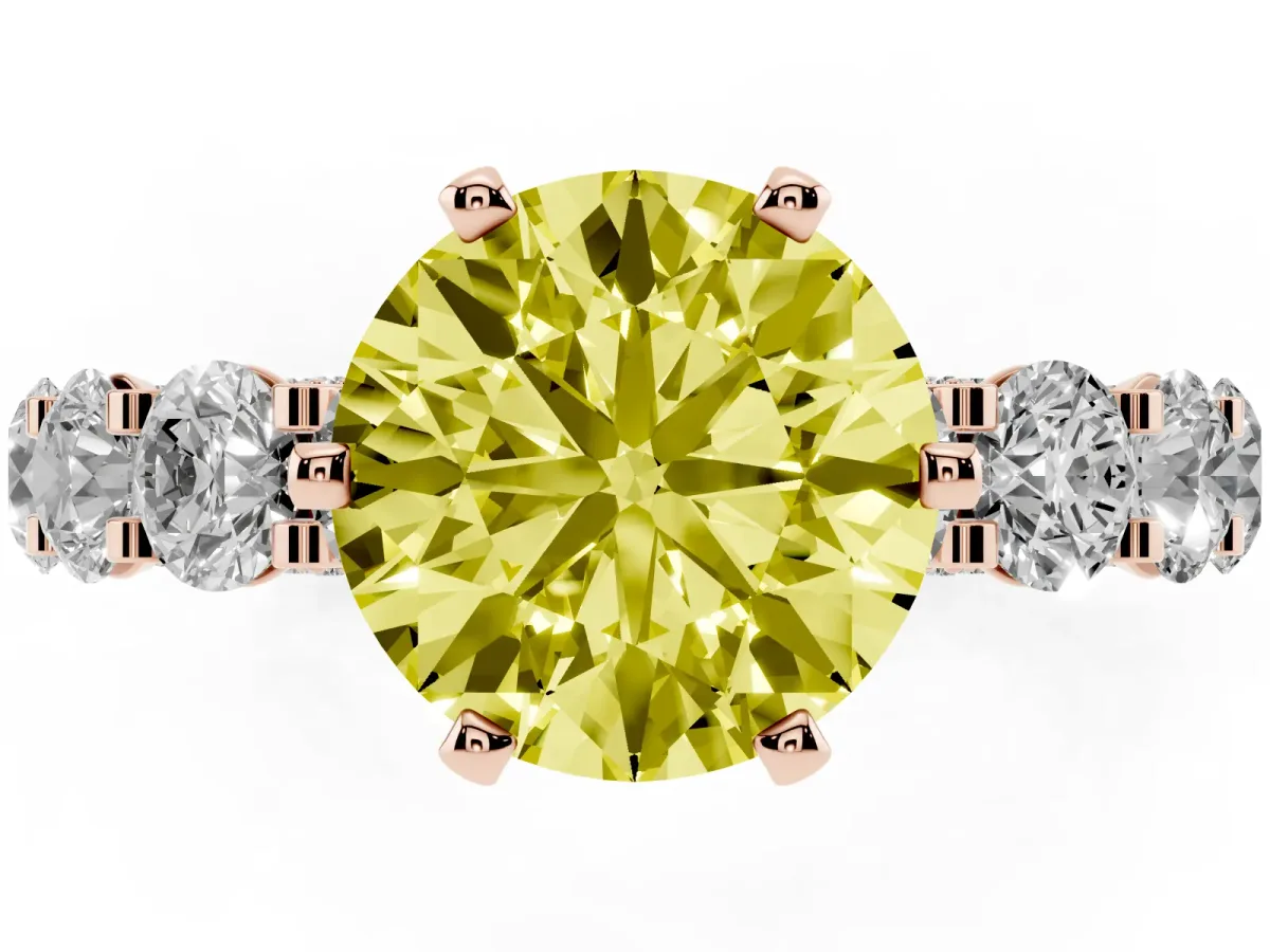 Fancy Yellow Round Cut Diamond Side Stone Engagement Ring with Four-Prong Setting Rose gold