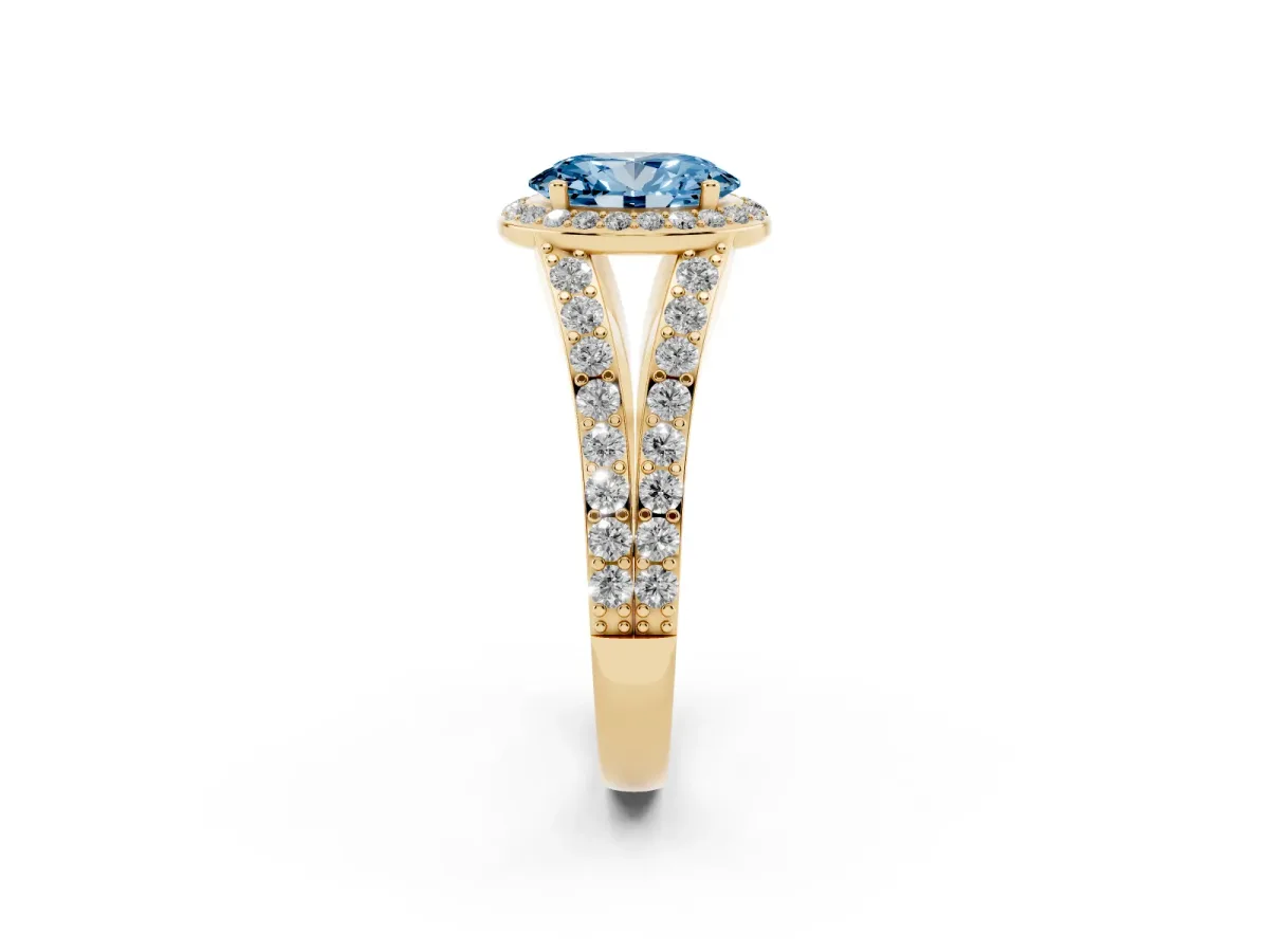 Fancy Blue Oval Cut Diamond Split Shank Halo Ring with Four-Prong Setting Yellow gold