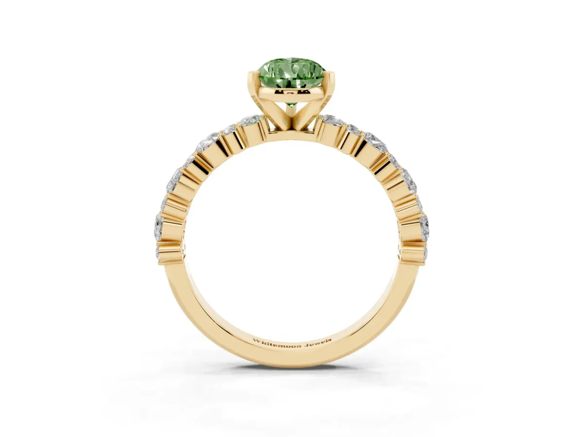 Fancy Green Pear Cut Diamond Side Stone Solitaire Ring with Round and Four-Prong Setting Yellow gold