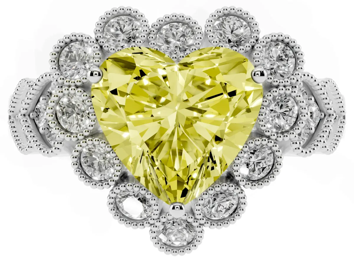 Fancy Yellow Heart Cut Brilliant Milgrain Pave Heart Band Solitaire Ring Platinum