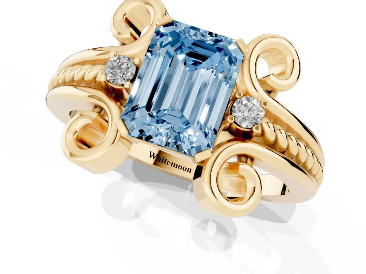 Fancy Blue Emerald Cut Solitaire Twisted Band Scroll Prong Ring Yellow gold