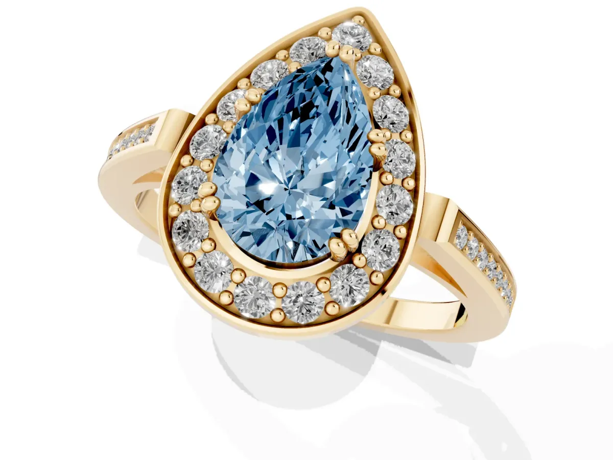 Fancy Blue Pear Cut Diamond Halo Ring with Split Shank and Four-Prong Setting Yellow gold