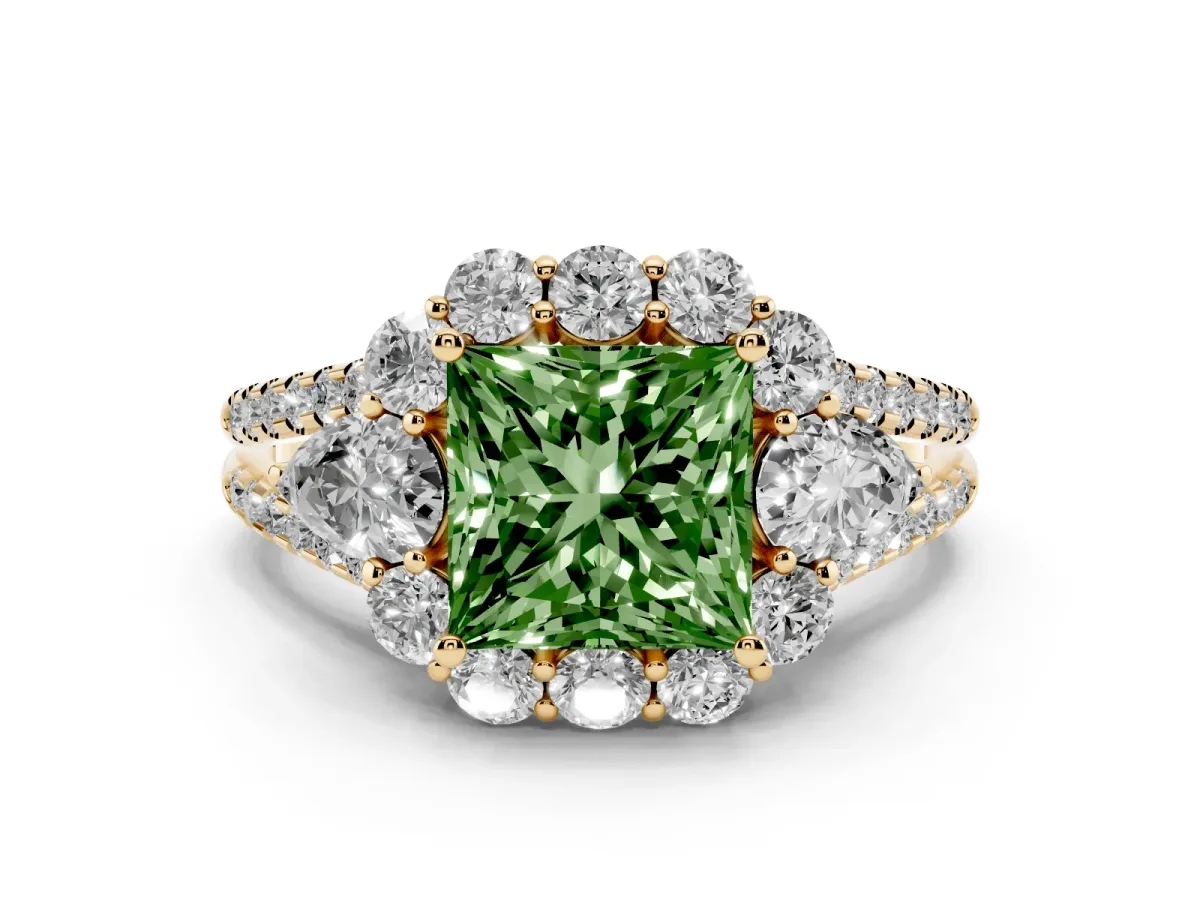 Fancy Green Princess Cut Halo Split Shank Diamond Engagement Ring with Prong Setting Yellow gold