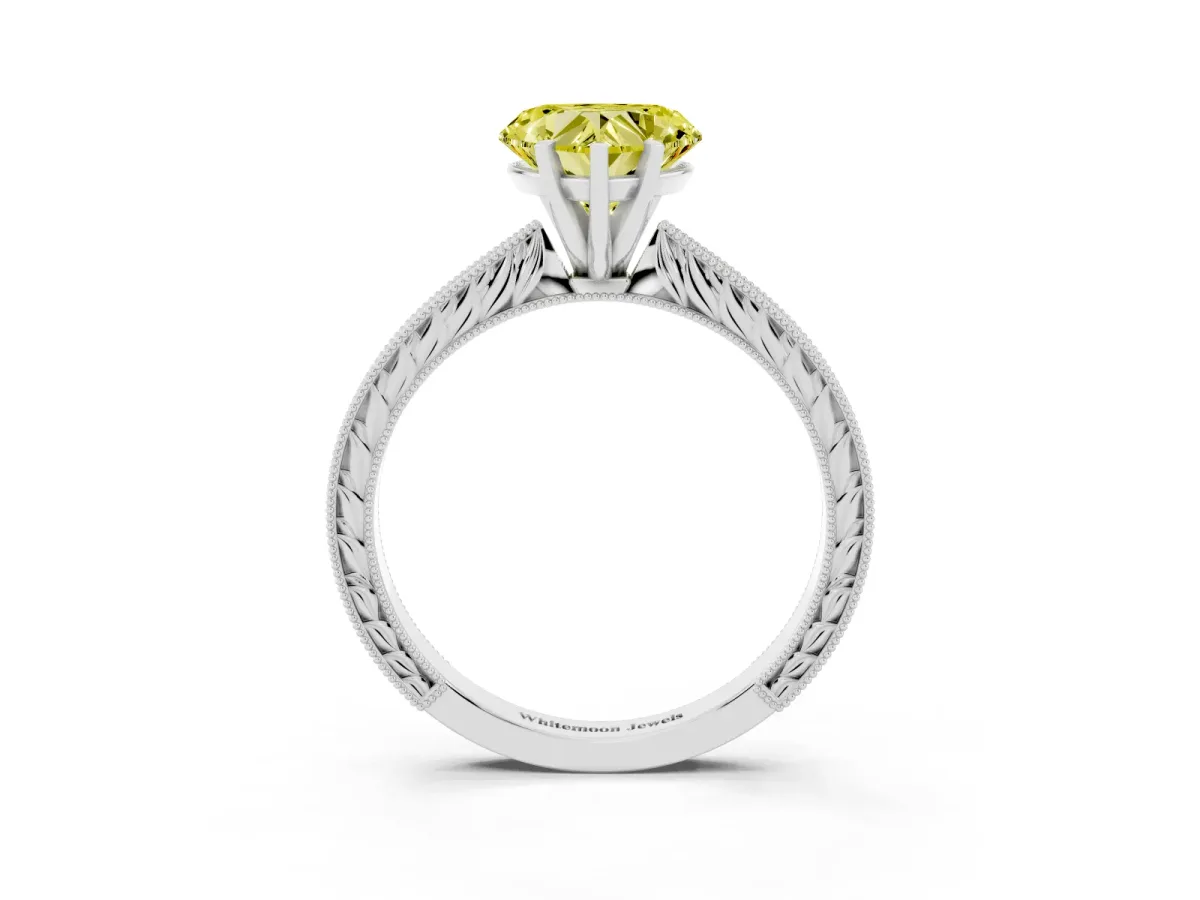 Fancy Yellow Heart Cut Solitaire Milgrain Engraved Band with Four-Prong Setting Silver