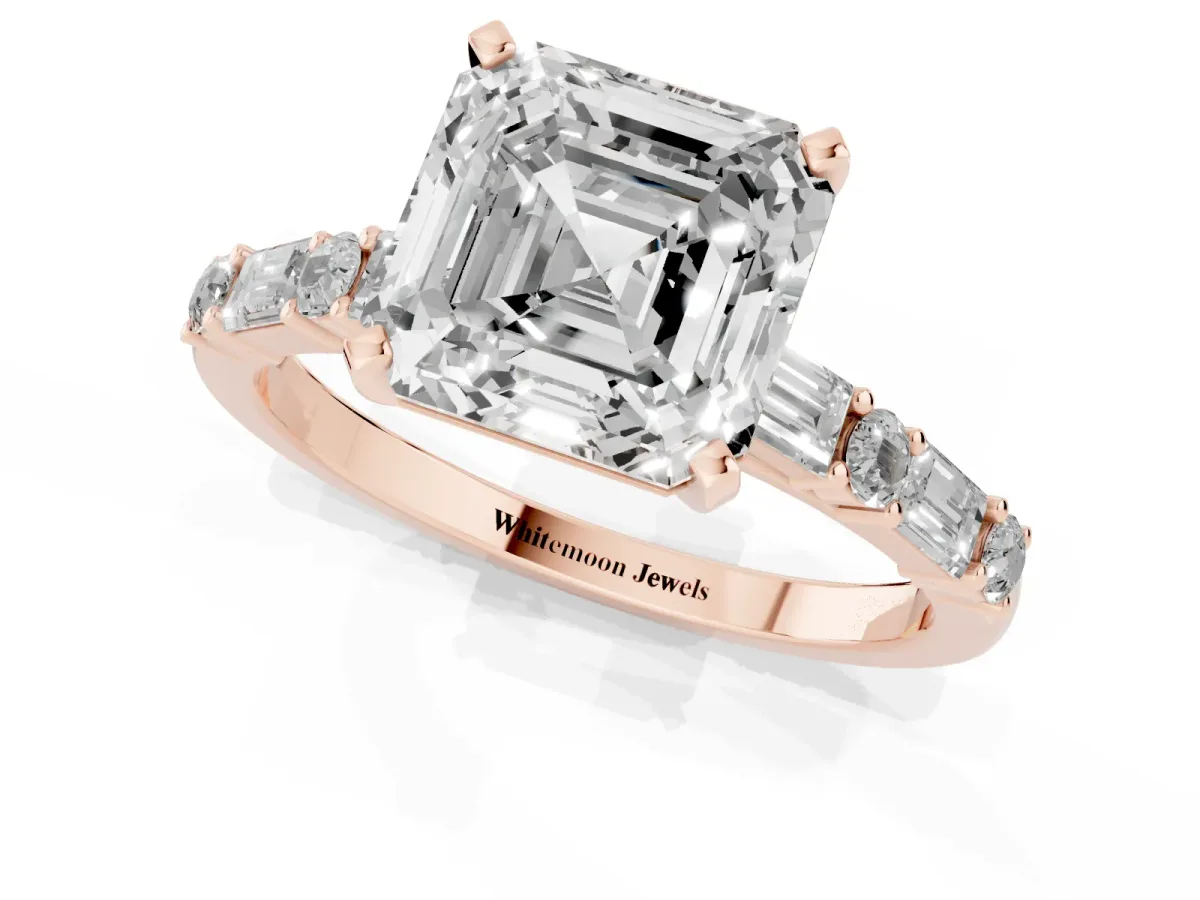Asscher Cut Diamond Solitaire with Side Baguettes and Channel Set Band Rose gold