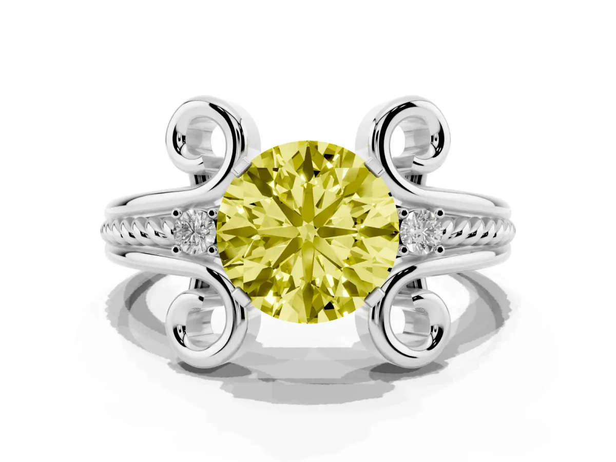 Fancy Yellow Round Cut Solitaire Twisted Band Scroll Prong Ring Silver