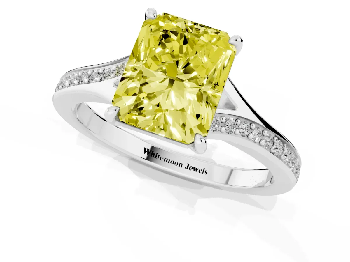 Fancy Yellow Radiant Cut Diamond Solitaire Ring with Pavé Band and Prong Setting Silver