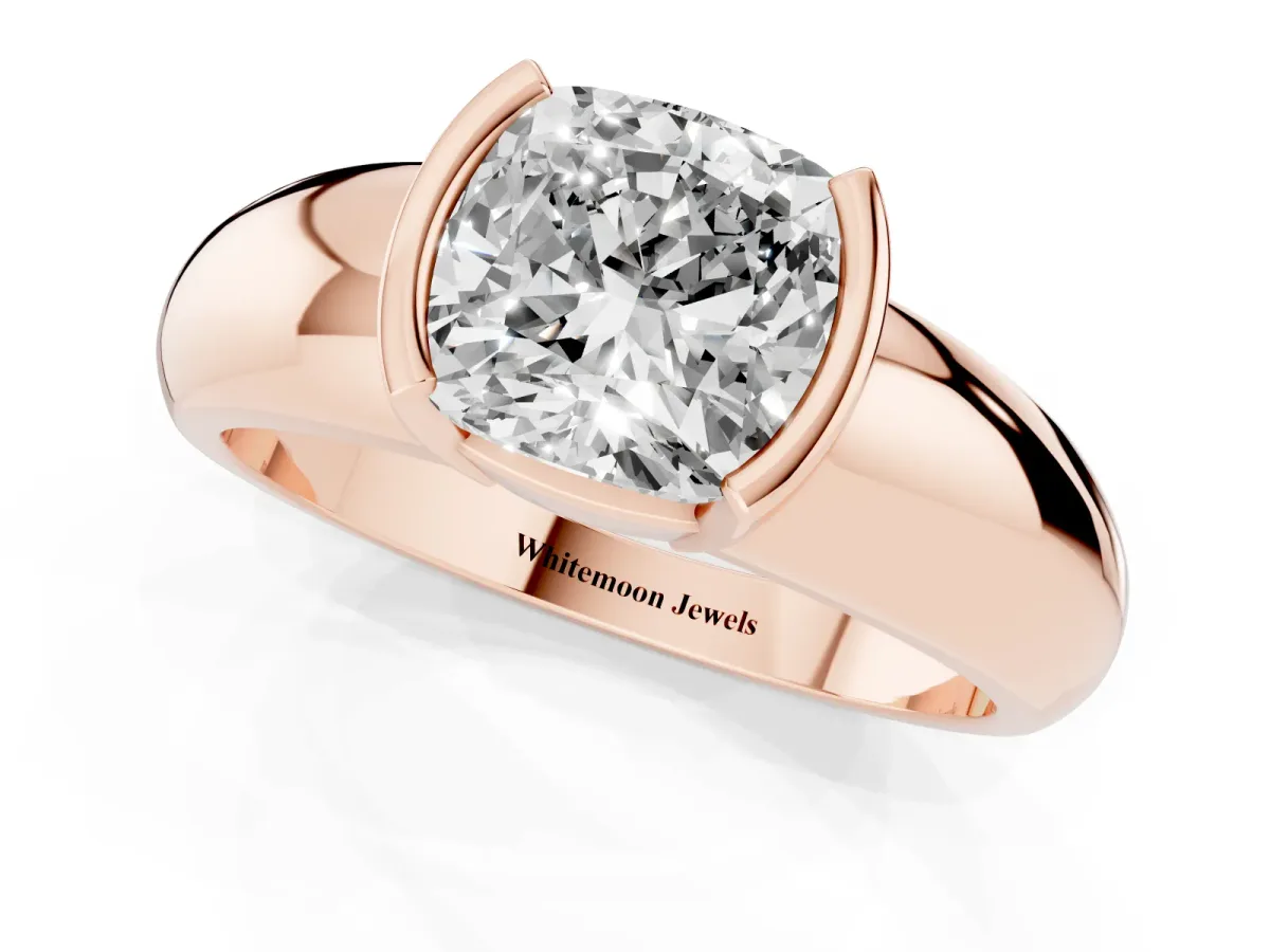 Cushion Cut Solitaire Tension Set Diamond Ring with Wide Band Rose gold