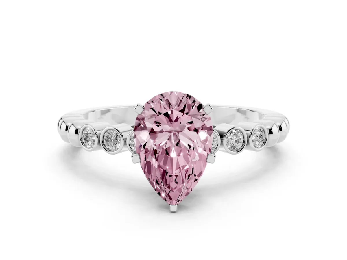 Fancy Pink Pear Cut Solitaire Bezel Accent Diamond Engagement Ring with Beaded Band and Four-Prong Setting Silver