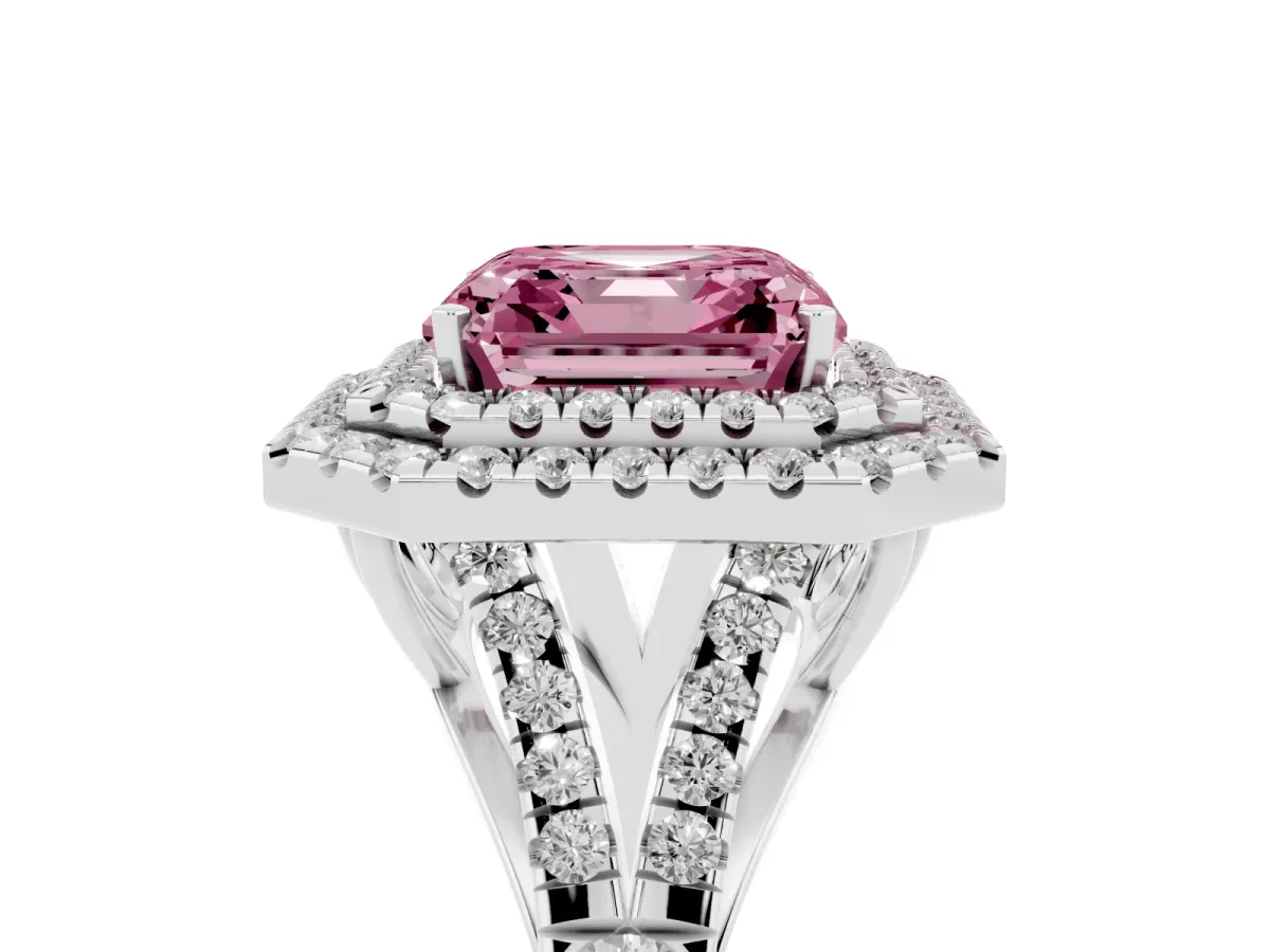 Fancy Pink Asscher Cut Diamond Pavé Split Shank Double Halo Engagement Ring Silver