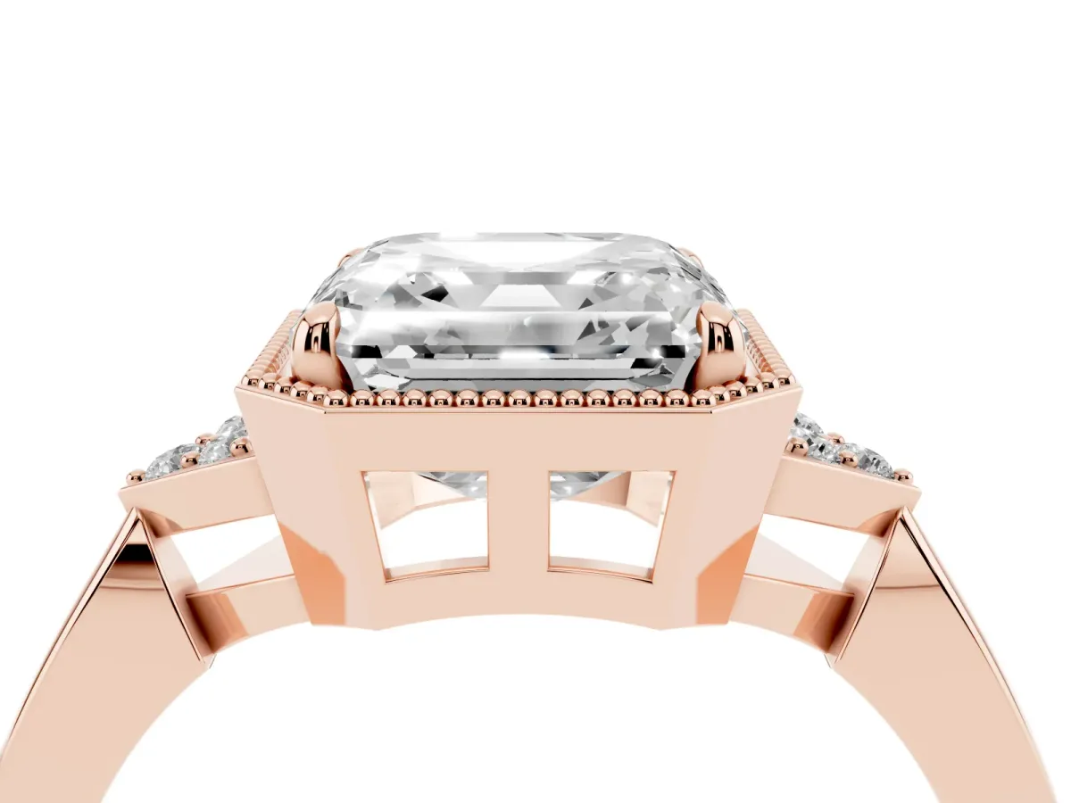 Hexagonal Halo Asscher Cut Diamond Solitaire with Pavé Band and Four-Prong Setting Rose gold