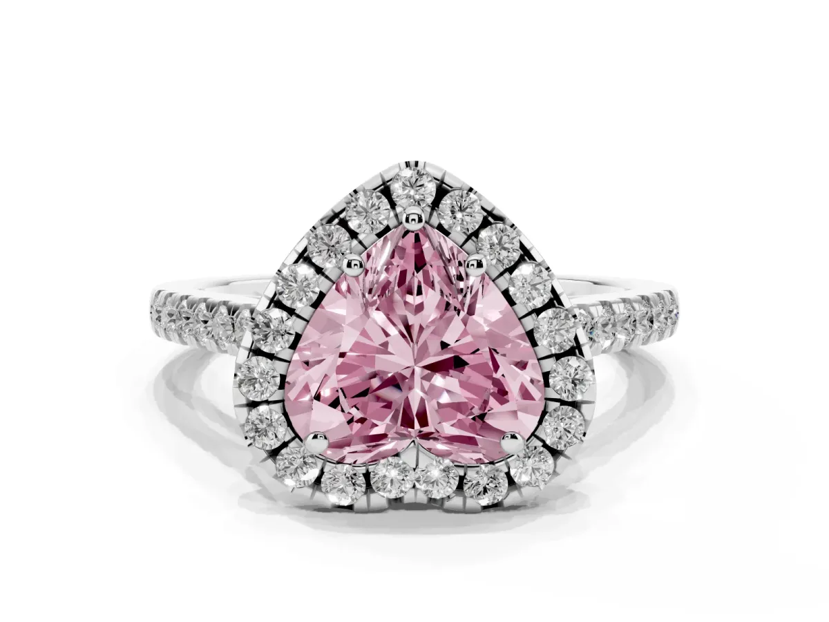Fancy Pink Heart Cut Halo Pavé Diamond Engagement Ring with Four-Prong Setting Silver