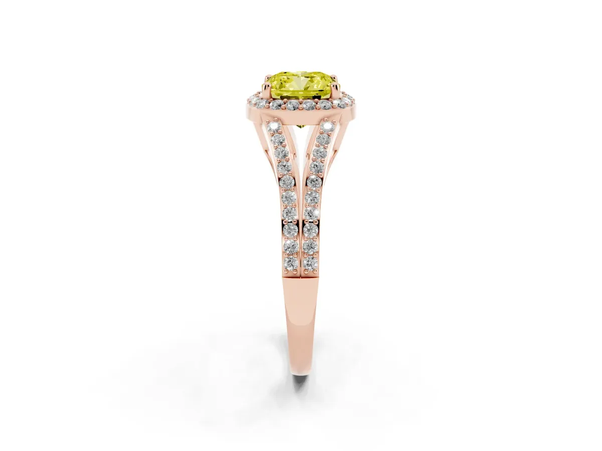 Fancy Yellow Cushion Cut Halo Split Shank Diamond Ring with Prong Setting Rose gold