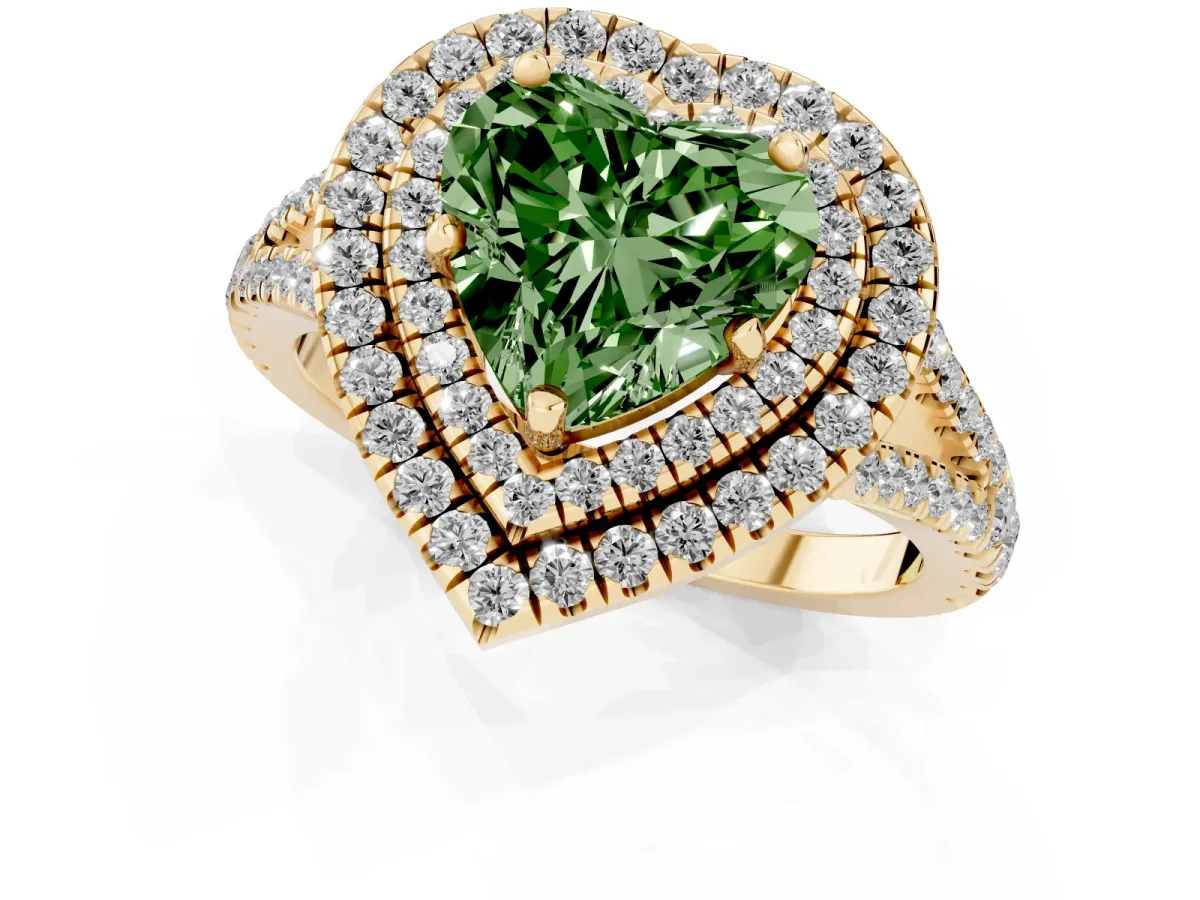 Fancy Green Heart Cut Diamond Double Halo Ring with Pavé Band and Prong Setting Yellow gold