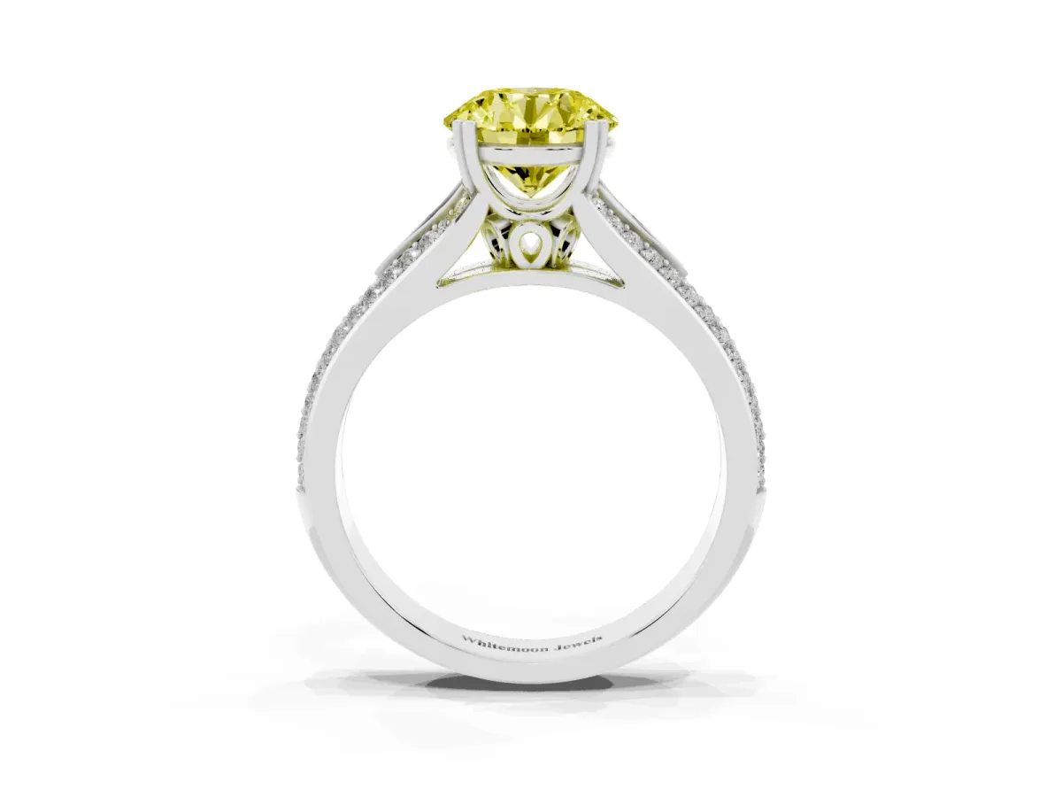 Fancy Yellow Round Cut Diamond Split Shank Engagement Ring with Pavé Band Silver