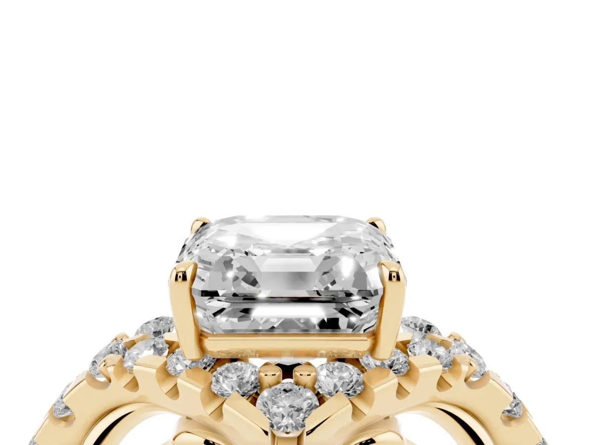 Asscher Cut Diamond Solitaire Ring with Hidden Halo and Pavé Band Yellow gold