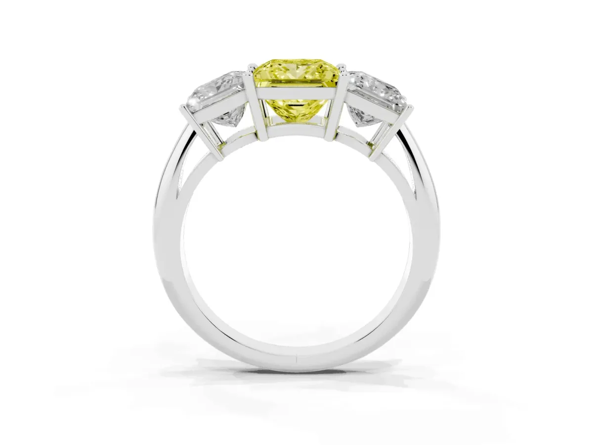 Fancy Yellow Three-Stone Princess Cut Cut Diamond Engagement Ring with Prong Setting on a White Gold Band White gold