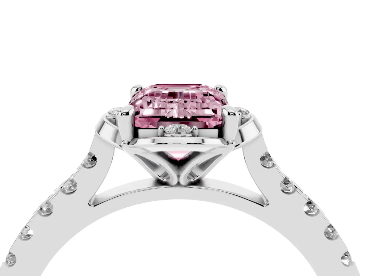 Fancy Pink Emerald Cut Diamond Ring with Pavé Band and Floral Prong Setting Silver