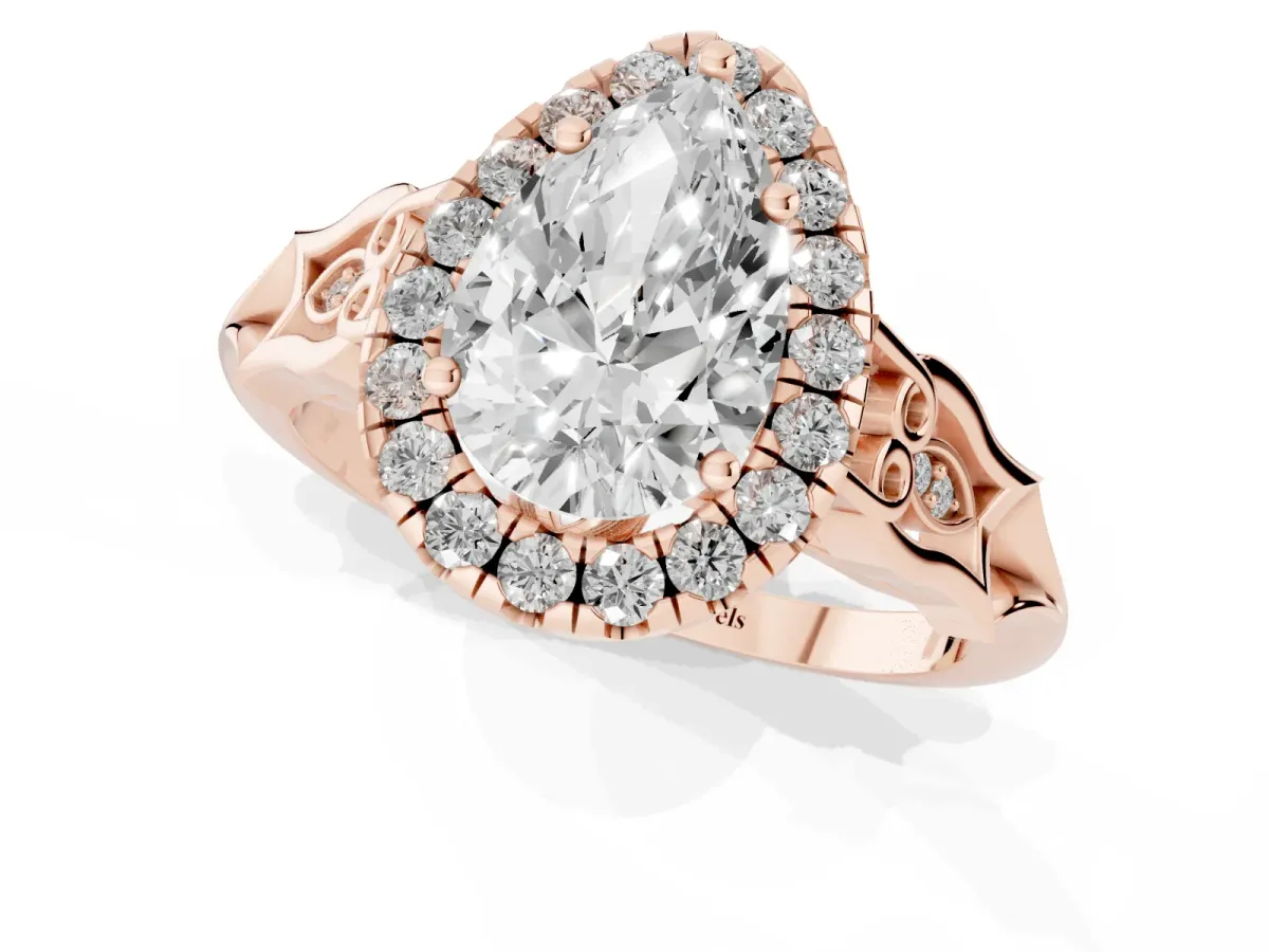 Pear Cut Halo Diamond Engagement Ring with Filigree Band and Four-Prong Setting Rose gold