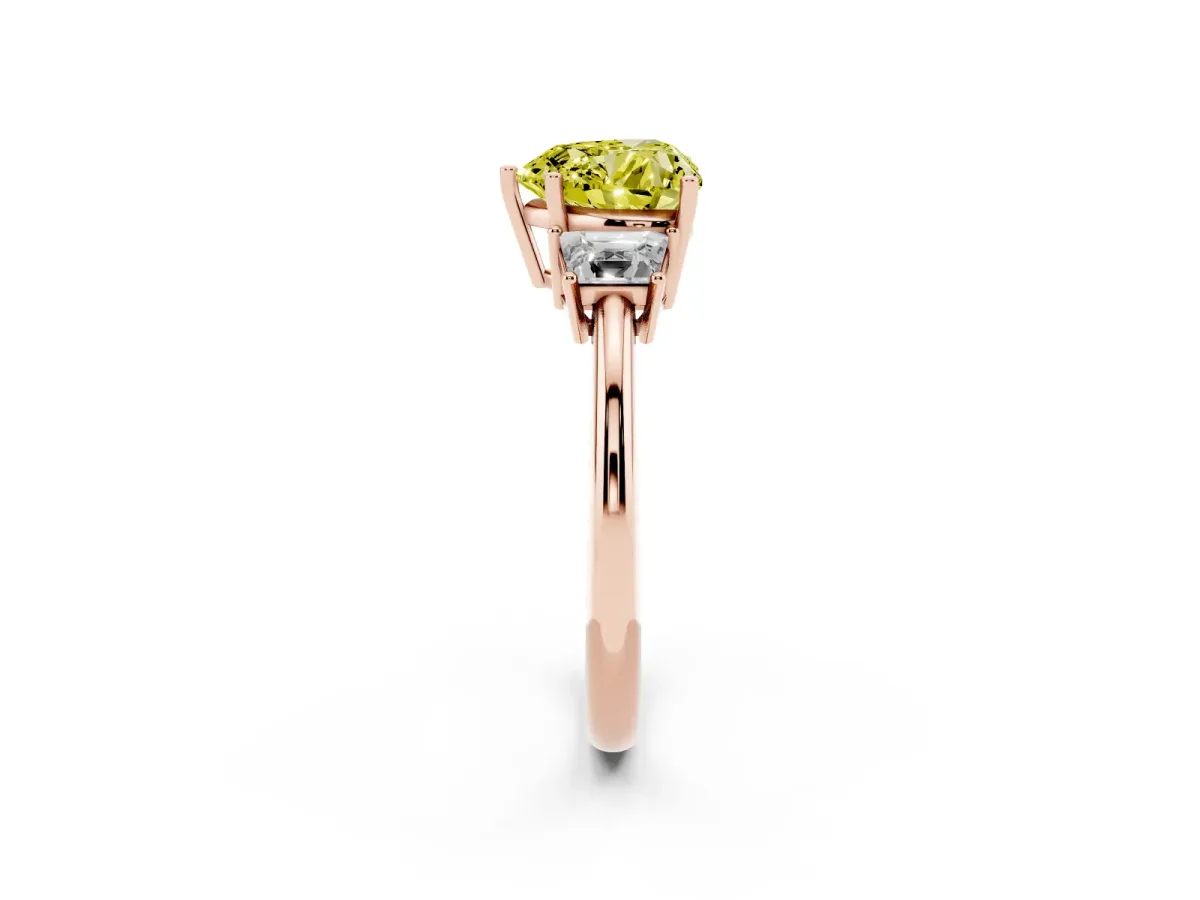 Fancy Yellow Heart Cut Diamond Three-Stone Ring with Trapezoid Side Stones and Prong Setting Rose gold