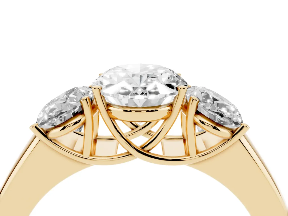 Three-Stone Oval Cut Cut Diamond Ring with Prong Setting and Classic Band Yellow gold
