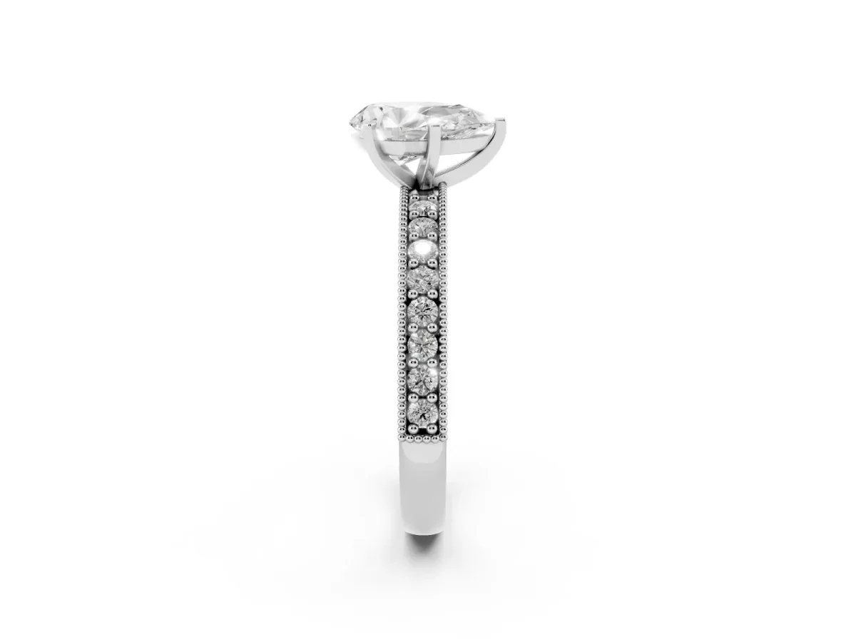 Pear Cut Diamond Milgrain Pavé Engagement Ring with Four-Prong Setting Silver