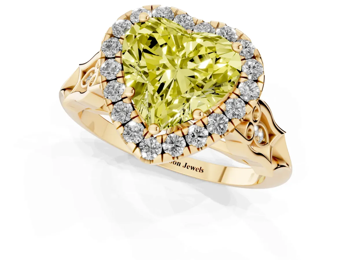 Fancy Yellow Heart Cut Halo Diamond Engagement Ring with Filigree Band and Four-Prong Setting Yellow gold